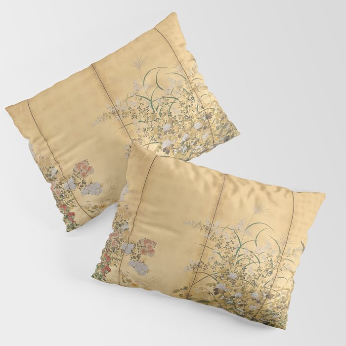 Japanese Edo Period Six-Panel Gold Leaf Screen - Spring and Autumn Flowers Pillow Sham Gallery Image 3