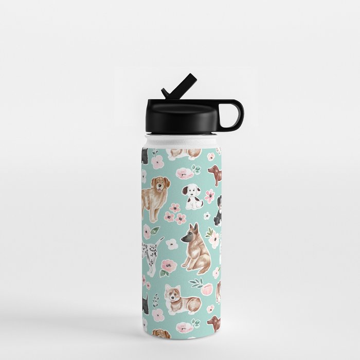 Cute Dogs on Aqua Blue, Dogs and Flowers, Pet Painting, Cute Animals, Golden Retriever, Dachshund, Corgi, Bulldog, Dalmation Water Bottle Gallery Image 1