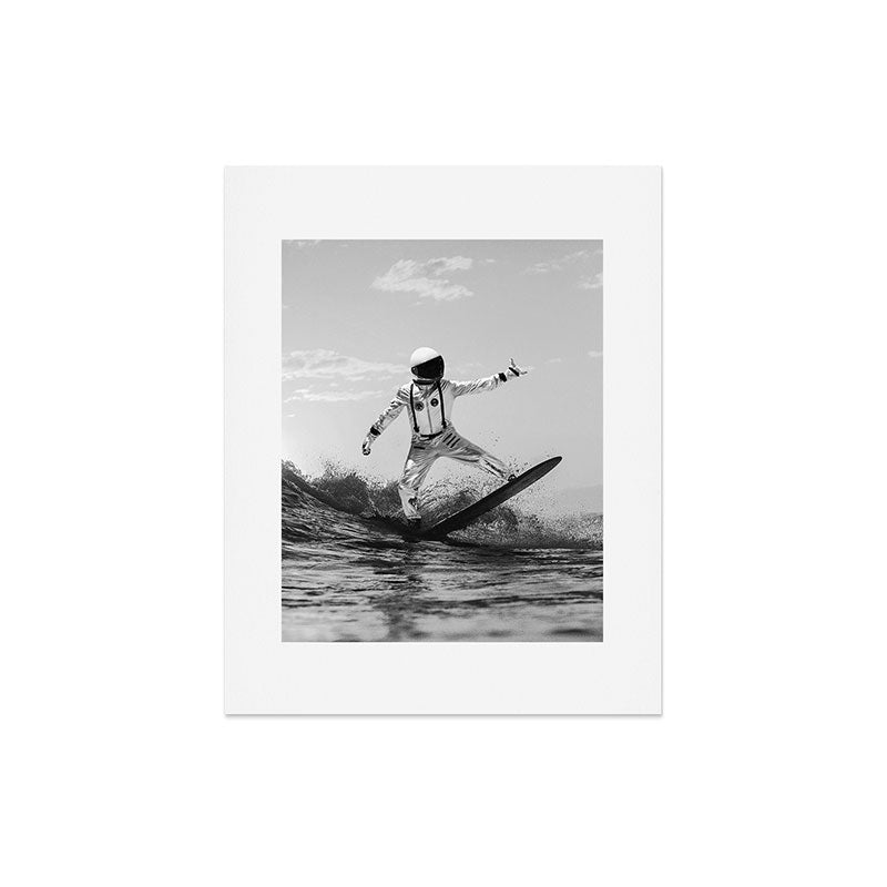 Space Surfer - Black And White - Futuristic Surf Photo Art Print - Astronaut Riding a Wave Art Print Gallery Image 6