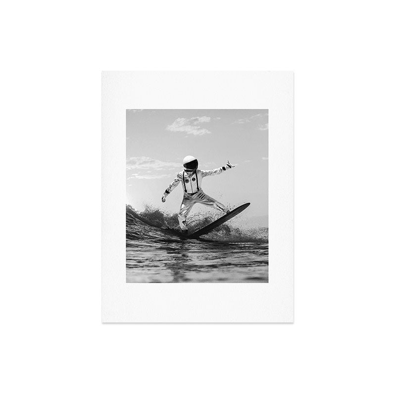 Space Surfer - Black And White - Futuristic Surf Photo Art Print - Astronaut Riding a Wave Art Print Gallery Image 8