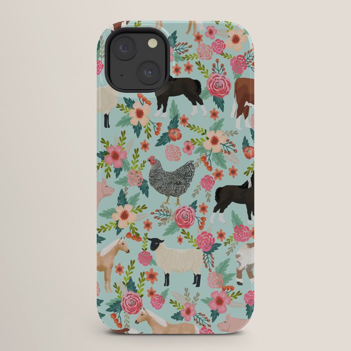 Farm animal sanctuary pig chicken cows horses sheep floral pattern gifts iPhone Case Gallery Image 26