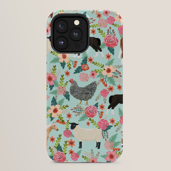 Farm animal sanctuary pig chicken cows horses sheep floral pattern gifts iPhone Case Gallery Image 32