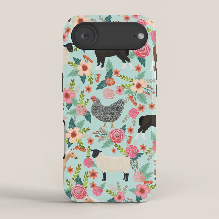 Farm animal sanctuary pig chicken cows horses sheep floral pattern gifts iPhone Case Gallery Image 2