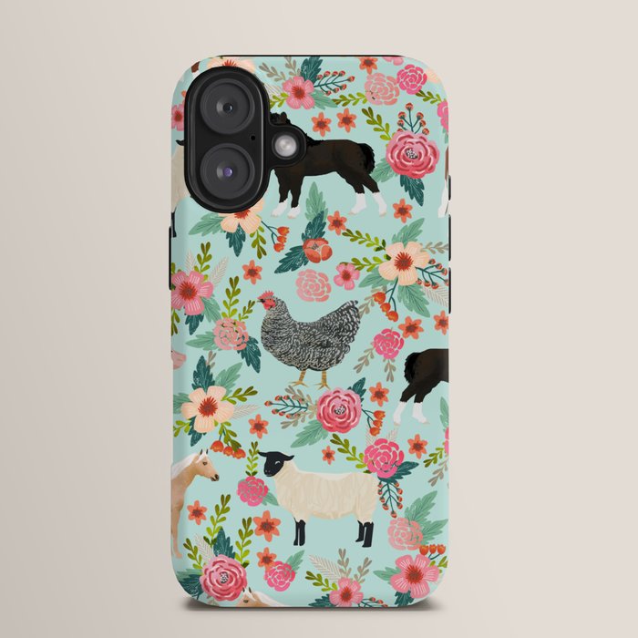 Farm animal sanctuary pig chicken cows horses sheep floral pattern gifts iPhone Case Gallery Image 13