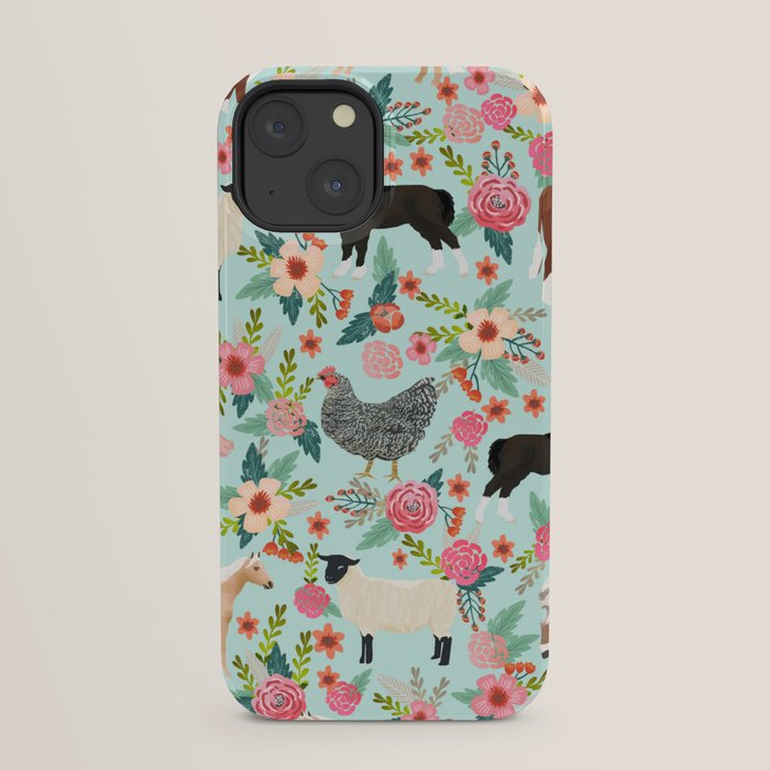 Farm animal sanctuary pig chicken cows horses sheep floral pattern gifts iPhone Case Gallery Image 29