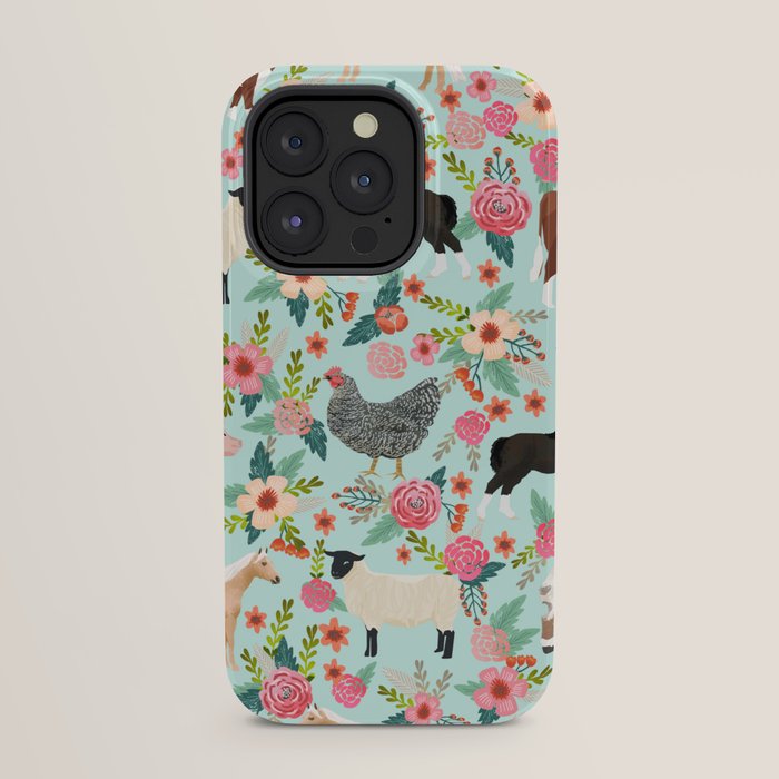 Farm animal sanctuary pig chicken cows horses sheep floral pattern gifts iPhone Case Gallery Image 31