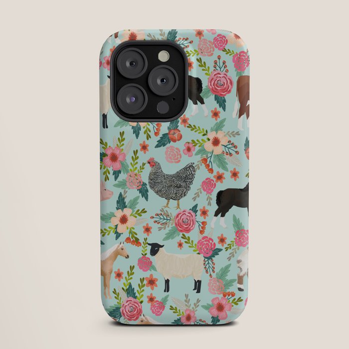 Farm animal sanctuary pig chicken cows horses sheep floral pattern gifts iPhone Case Gallery Image 19