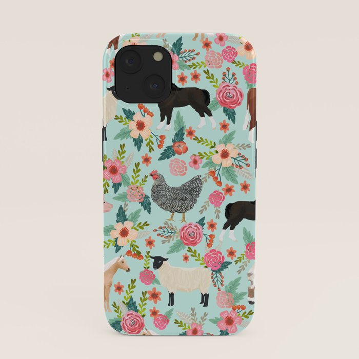 Farm animal sanctuary pig chicken cows horses sheep floral pattern gifts iPhone Case Gallery Image 37
