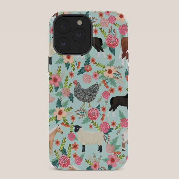Farm animal sanctuary pig chicken cows horses sheep floral pattern gifts iPhone Case Gallery Image 36