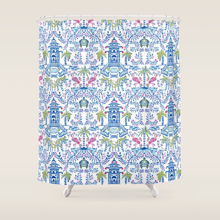 Colorful Coastal Chinoiserie Shower Curtain Gallery Image 1