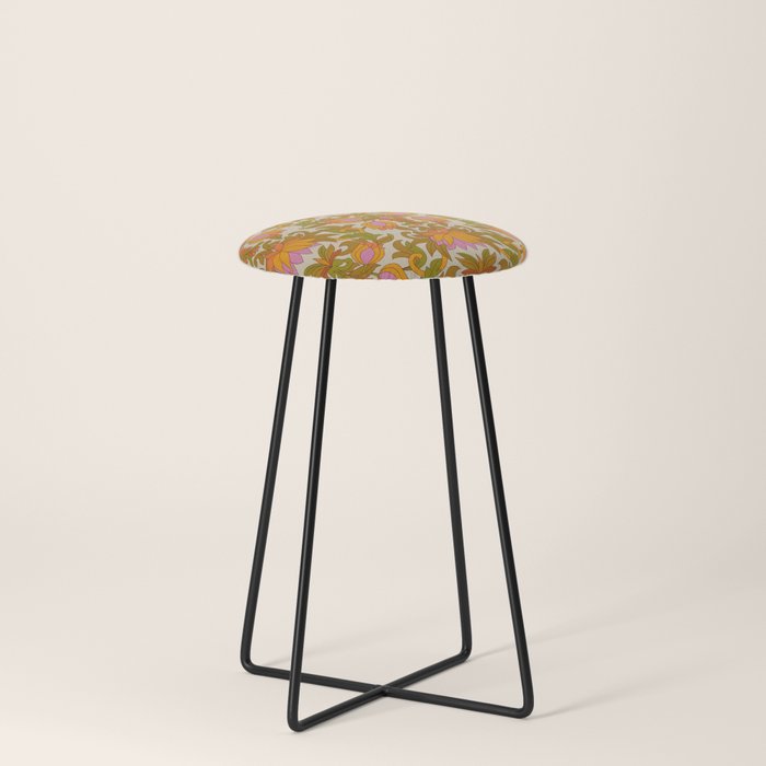 Orange, Pink Flowers and Green Leaves 1960s Retro Vintage Pattern Stool Gallery Image 3