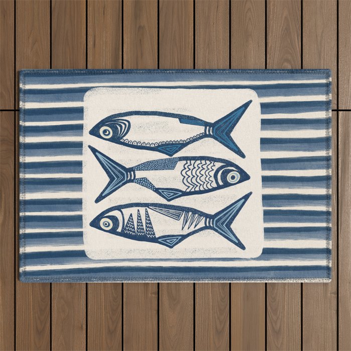 Modern Coastal Art Print - Sardines With Blue Stripes Outdoor Rug Gallery Image 1