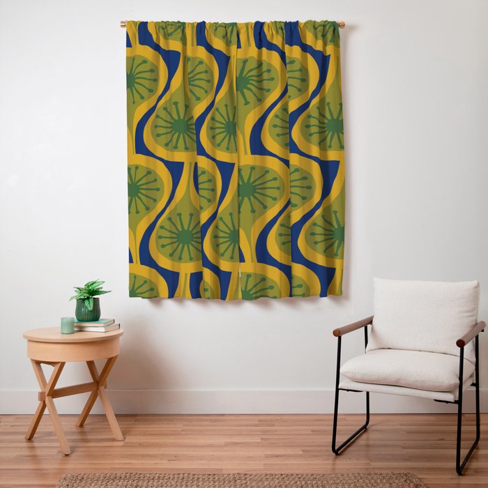 Mid Century Modern Atomic Drops Pattern Green Mustard Blue Window Curtain Gallery Image 7