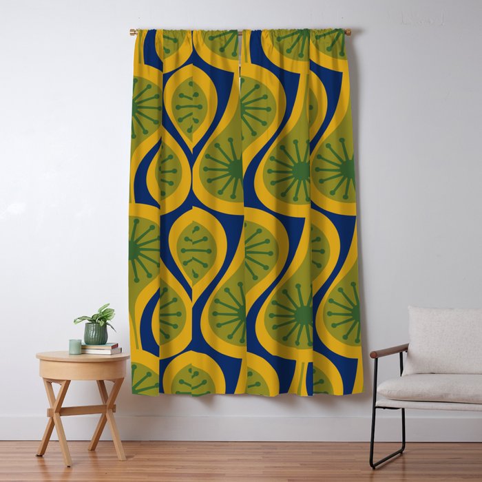 Mid Century Modern Atomic Drops Pattern Green Mustard Blue Window Curtain Gallery Image 1