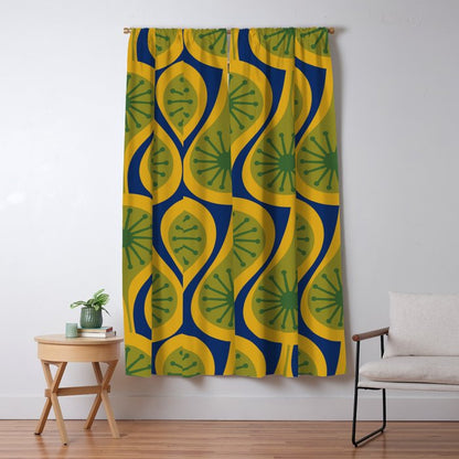 Mid Century Modern Atomic Drops Pattern Green Mustard Blue Window Curtain Gallery Image 1