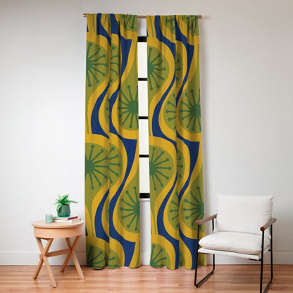 Mid Century Modern Atomic Drops Pattern Green Mustard Blue Window Curtain Gallery Image 4