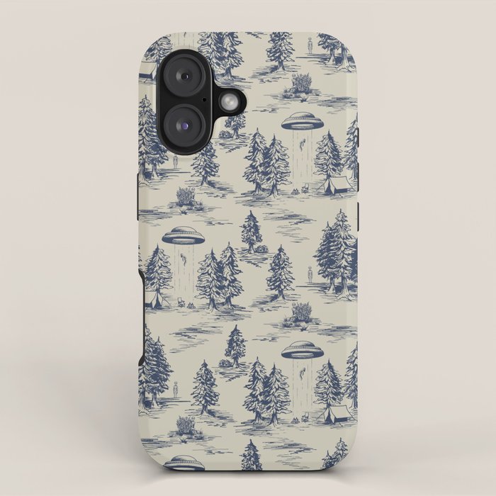 Alien Abduction Toile De Jouy Pattern in Blue iPhone Case Gallery Image 1