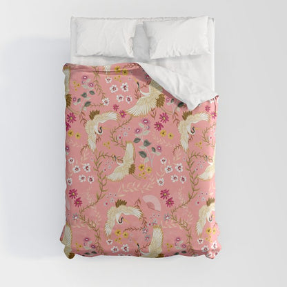 Chinoiserie cranes on pink, birds, flowers, Duvet Cover Gallery Image 8