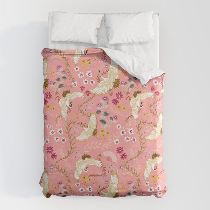 Chinoiserie cranes on pink, birds, flowers, Duvet Cover Gallery Image 6