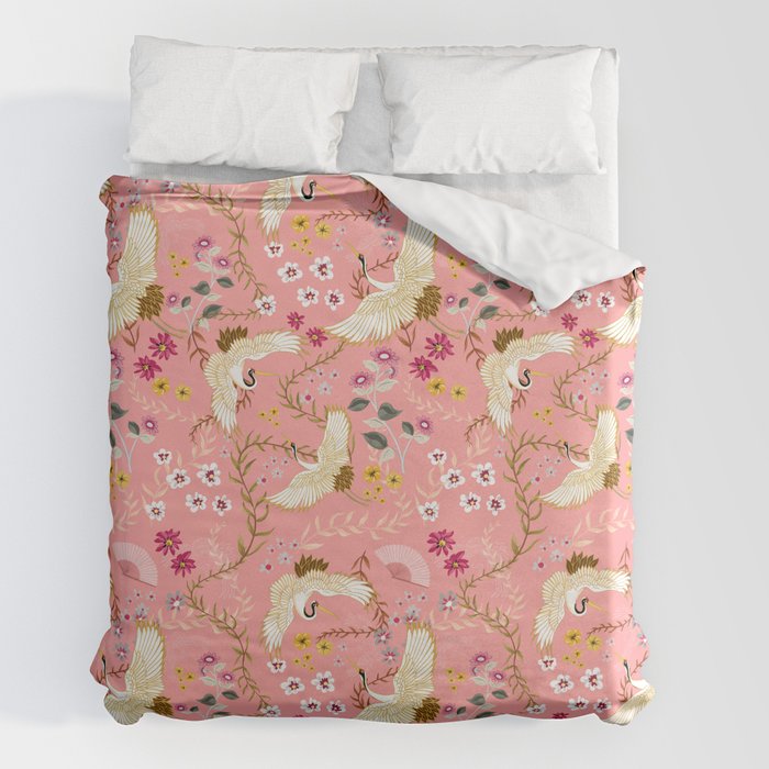 Chinoiserie cranes on pink, birds, flowers, Duvet Cover Gallery Image 2