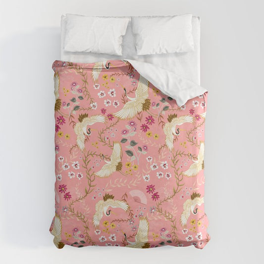 Chinoiserie cranes on pink, birds, flowers, Duvet Cover Gallery Image 1
