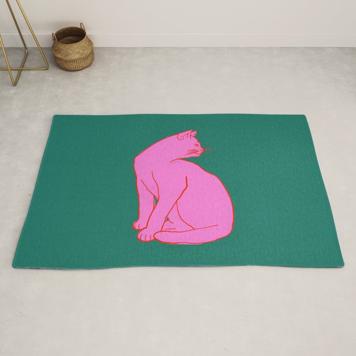 Pink Cat On Green Background Rug Gallery Image 2