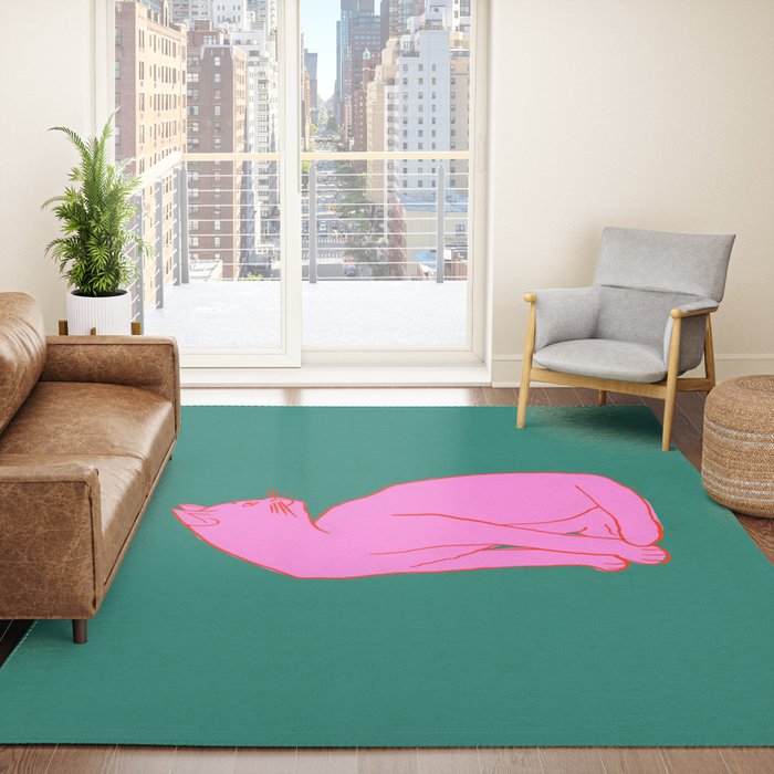 Pink Cat On Green Background Rug Gallery Image 4