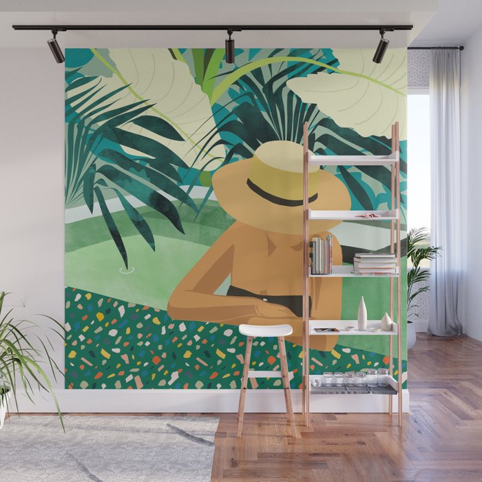 Chill, Modern Bohemian Black Woman Travel Illustration | Terrazzo Tropical Swimming Pool Fashion Wall Mural Gallery Image 1