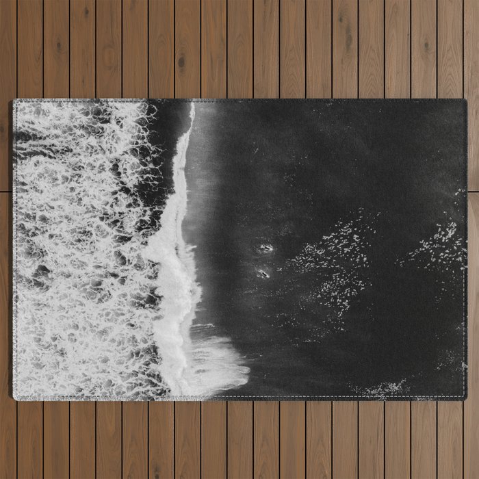 Surfer girls from above in Ericeira Portugal | Ocean wanderlust photography black and white print Outdoor Rug Gallery Image 2