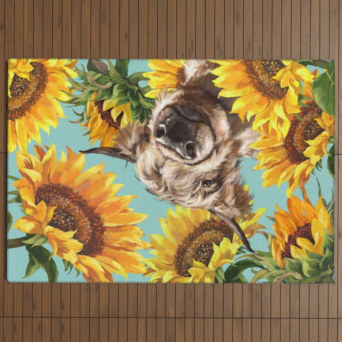 Highland Cow with Sunflowers in Blue Outdoor Rug Gallery Image 4