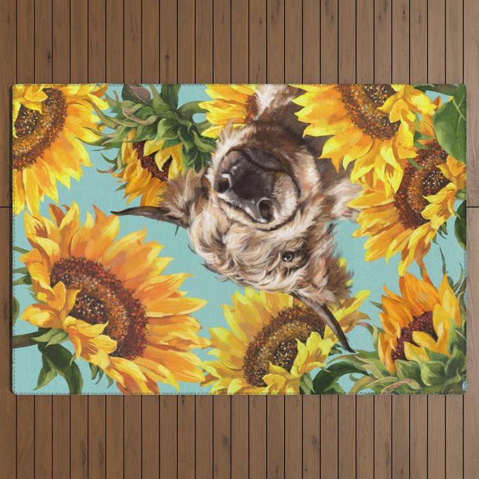 Highland Cow with Sunflowers in Blue Outdoor Rug Gallery Image 3