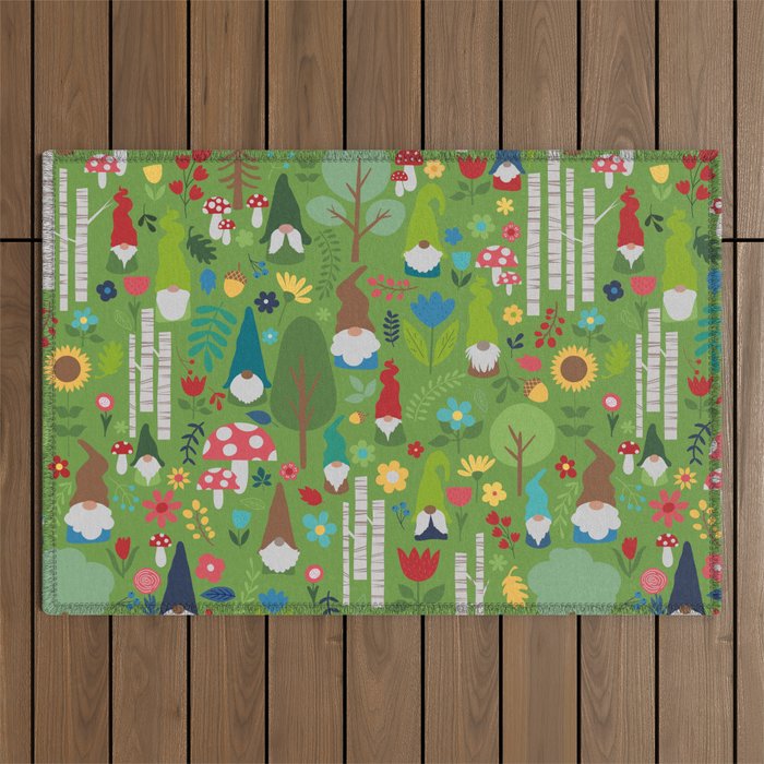 Gnomes In the Garden Green Outdoor Rug Gallery Image 1