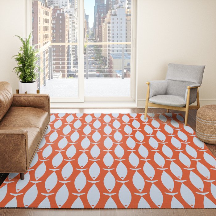 Coastal Fish Retro Pattern in Pale Blue and Bold Red Orange Rug Gallery Image 4