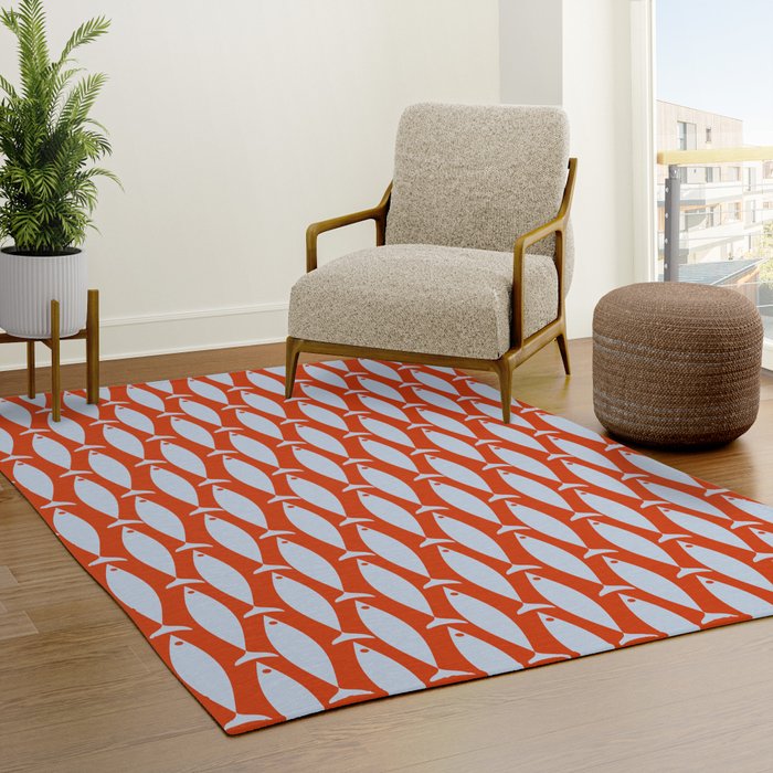 Coastal Fish Retro Pattern in Pale Blue and Bold Red Orange Rug Gallery Image 3