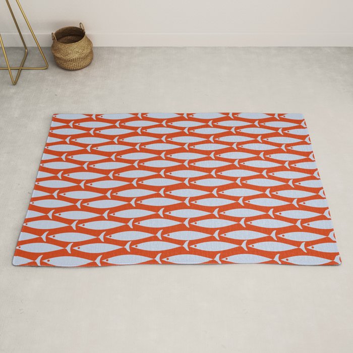Coastal Fish Retro Pattern in Pale Blue and Bold Red Orange Rug Gallery Image 2