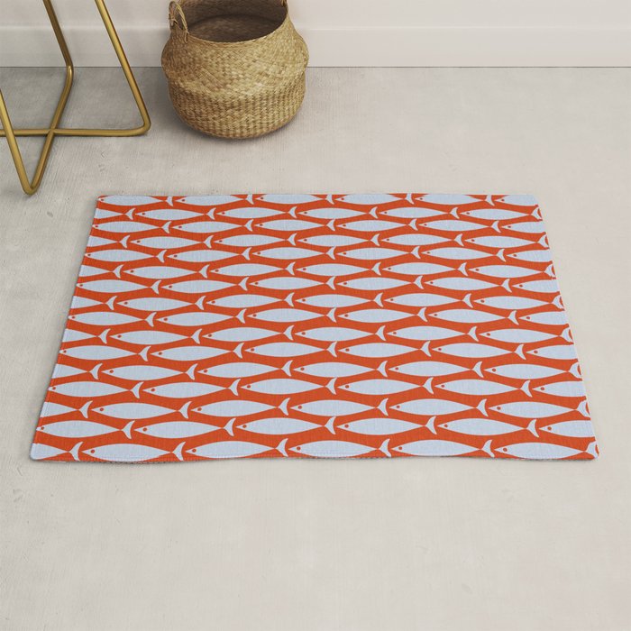 Coastal Fish Retro Pattern in Pale Blue and Bold Red Orange Rug Gallery Image 1