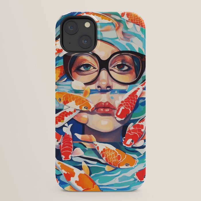 Point of View, Individuality Koi Fish Yoga Meditation, Woman Glasses Vision Concept, Fishpond Eclectic Vintage Painting iPhone Case Gallery Image 22