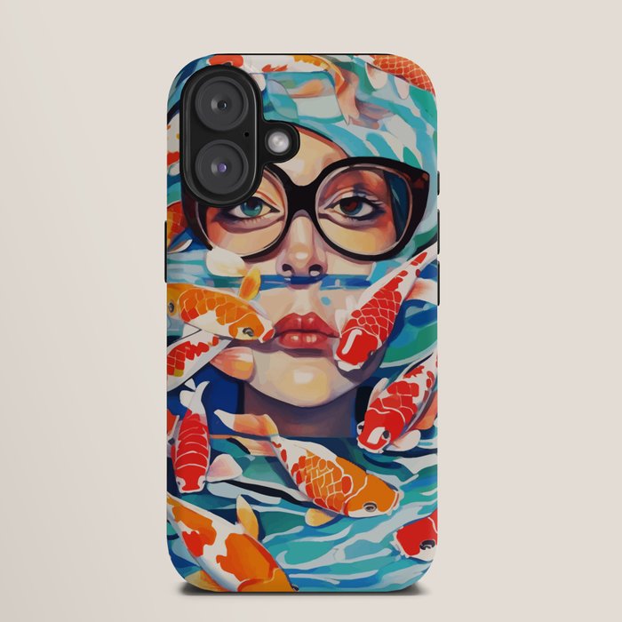 Point of View, Individuality Koi Fish Yoga Meditation, Woman Glasses Vision Concept, Fishpond Eclectic Vintage Painting iPhone Case Gallery Image 9