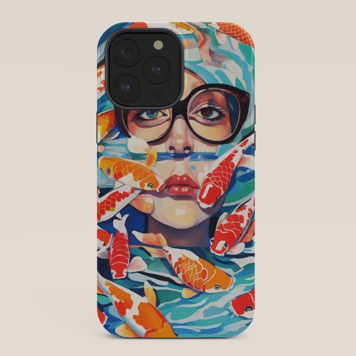 Point of View, Individuality Koi Fish Yoga Meditation, Woman Glasses Vision Concept, Fishpond Eclectic Vintage Painting iPhone Case Gallery Image 36