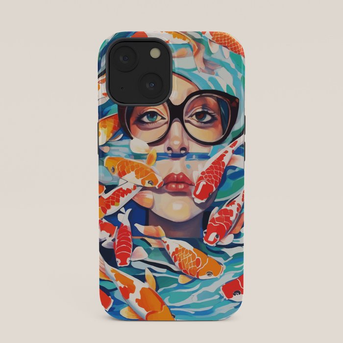 Point of View, Individuality Koi Fish Yoga Meditation, Woman Glasses Vision Concept, Fishpond Eclectic Vintage Painting iPhone Case Gallery Image 33