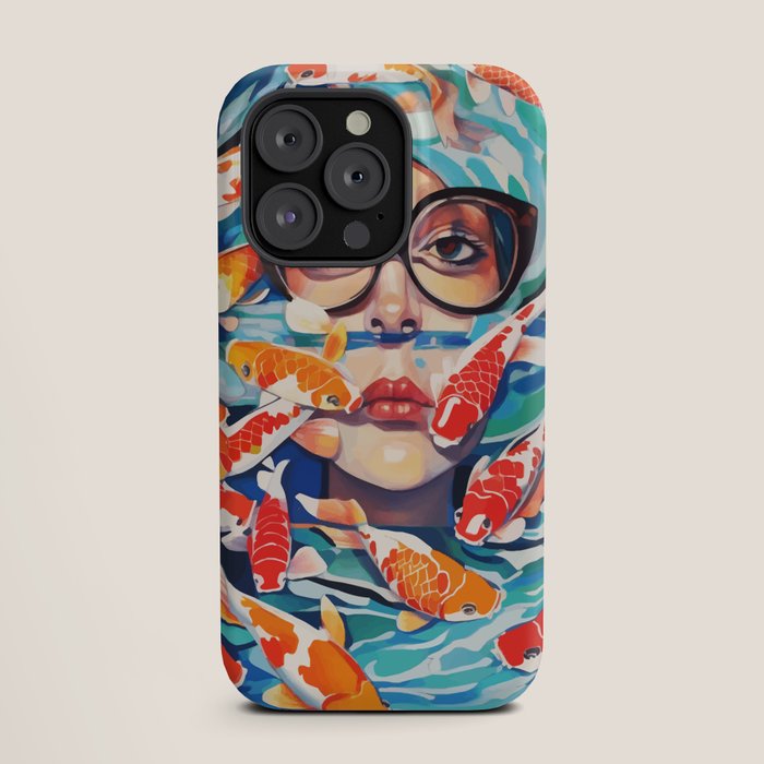 Point of View, Individuality Koi Fish Yoga Meditation, Woman Glasses Vision Concept, Fishpond Eclectic Vintage Painting iPhone Case Gallery Image 19