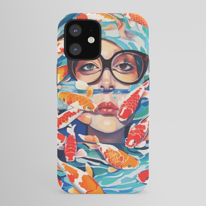 Point of View, Individuality Koi Fish Yoga Meditation, Woman Glasses Vision Concept, Fishpond Eclectic Vintage Painting iPhone Case Gallery Image 41