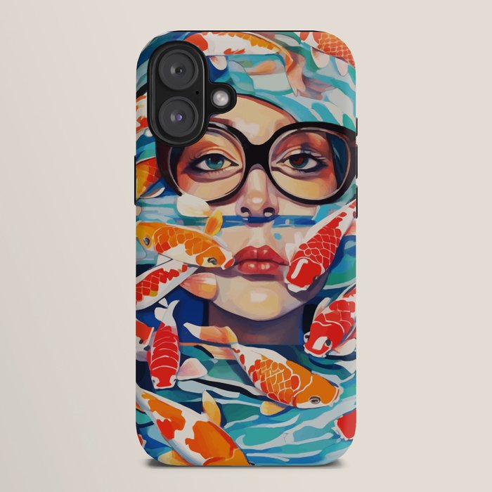 Point of View, Individuality Koi Fish Yoga Meditation, Woman Glasses Vision Concept, Fishpond Eclectic Vintage Painting iPhone Case Gallery Image 10