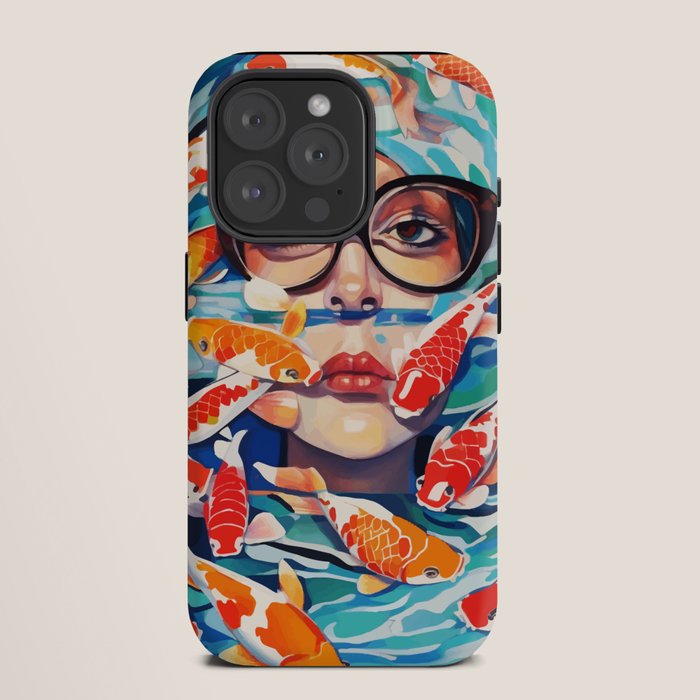 Point of View, Individuality Koi Fish Yoga Meditation, Woman Glasses Vision Concept, Fishpond Eclectic Vintage Painting iPhone Case Gallery Image 11