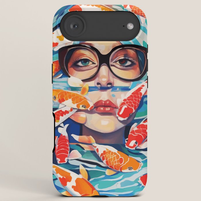 Point of View, Individuality Koi Fish Yoga Meditation, Woman Glasses Vision Concept, Fishpond Eclectic Vintage Painting iPhone Case Gallery Image 6