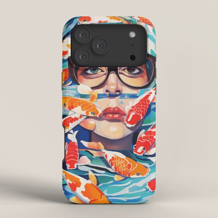 Point of View, Individuality Koi Fish Yoga Meditation, Woman Glasses Vision Concept, Fishpond Eclectic Vintage Painting iPhone Case Gallery Image 4