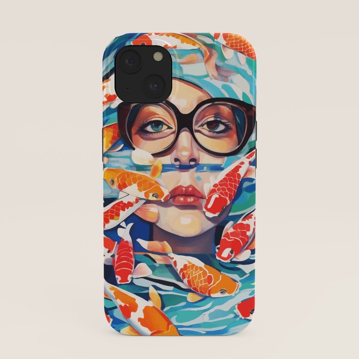 Point of View, Individuality Koi Fish Yoga Meditation, Woman Glasses Vision Concept, Fishpond Eclectic Vintage Painting iPhone Case Gallery Image 37