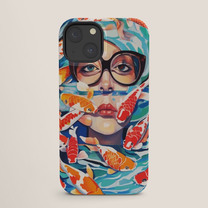 Point of View, Individuality Koi Fish Yoga Meditation, Woman Glasses Vision Concept, Fishpond Eclectic Vintage Painting iPhone Case Gallery Image 25