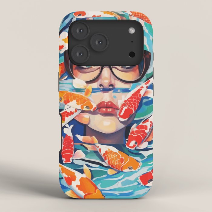 Point of View, Individuality Koi Fish Yoga Meditation, Woman Glasses Vision Concept, Fishpond Eclectic Vintage Painting iPhone Case Gallery Image 3