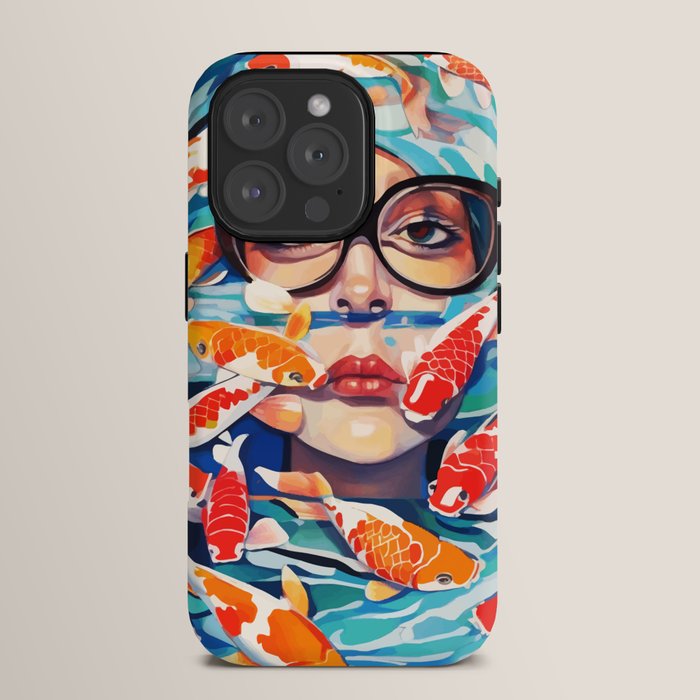 Point of View, Individuality Koi Fish Yoga Meditation, Woman Glasses Vision Concept, Fishpond Eclectic Vintage Painting iPhone Case Gallery Image 15